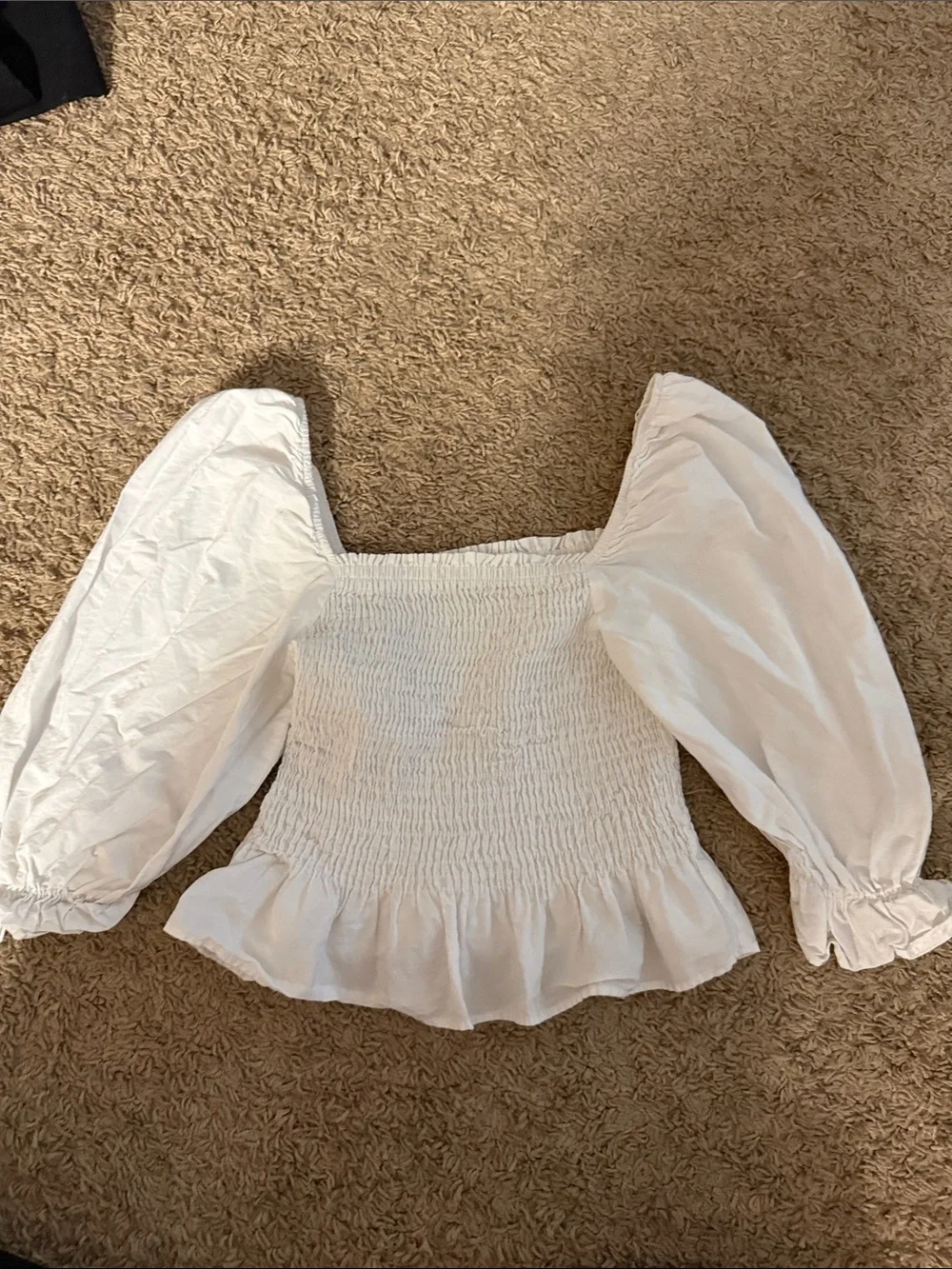 Zara White Smocked Square-Neck Puff Sleeve Top